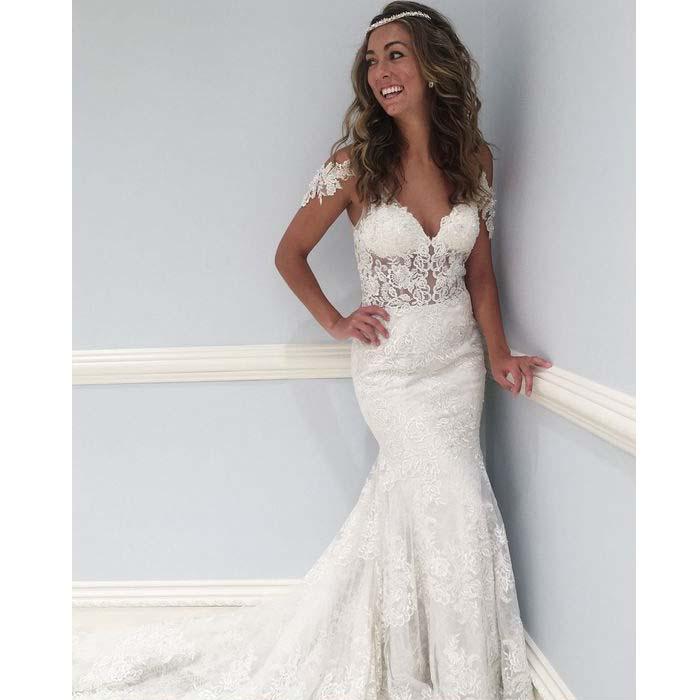 Unique Mermaid V Neck Lace V Back Long Wedding Dresses, BG51634