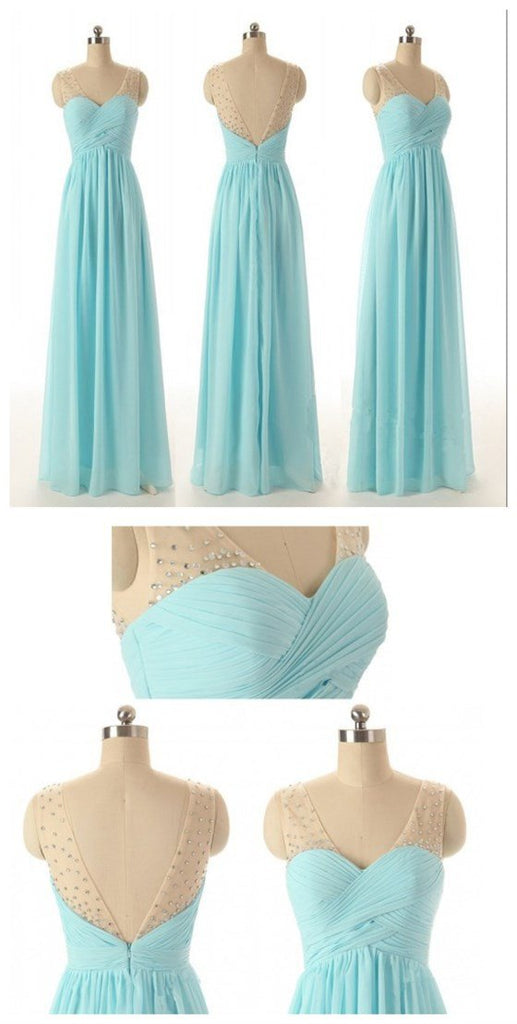 Blue V-neck Chiffon Floor-Length Wedding Party Dresses for Bridesmaid, BG51296 - Bubble Gown