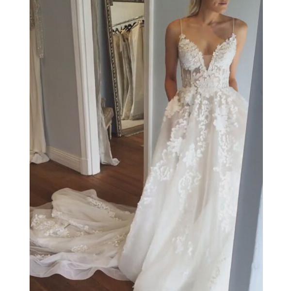 Applique Sexy Online V Neck Ivory Fashion Long Prom Wedding Dresses, BG51501 - Bubble Gown