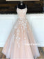 A-line Spaghetti Straps Lace-up Back Long Lace Appliques Prom Dresses, PD0628