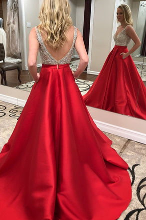 A-line Deep V-neck Beading Long Backless Prom Dress, PD007