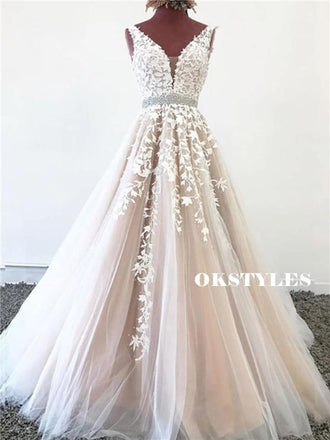 A-line Deep V-neck Sleeveless Lace Appliques Long Tulle Prom Dresses, PD0629