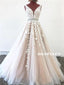 A-line Deep V-neck Sleeveless Lace Appliques Long Tulle Prom Dresses, PD0629