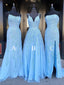 Sheath Spaghetti Straps V-neck Sleeveless Appliques Long Blue Prom Dresses, PD0630