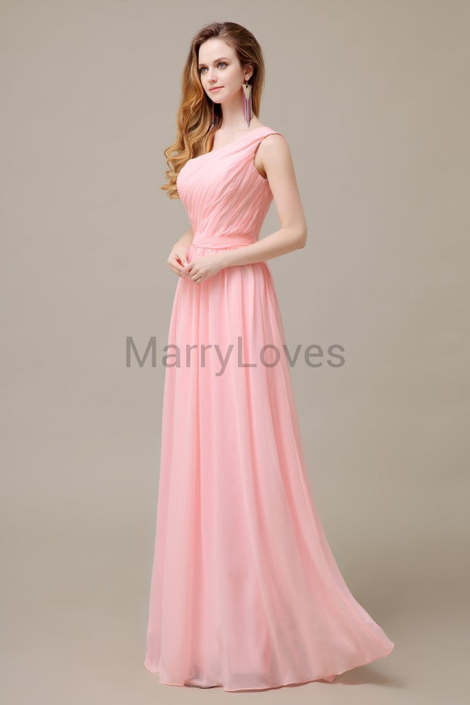 One Shoulder Pleats Floor Length Bridesmaid Dresses