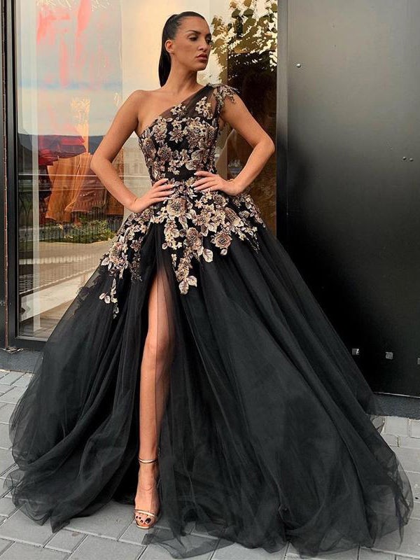 Black One Shoulder Side Slit Applique Long Prom Dresses GDW107