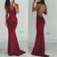 Backless Sexy Burgundy V-neck Mermaid Evening Long Prom Dresses, BG51010