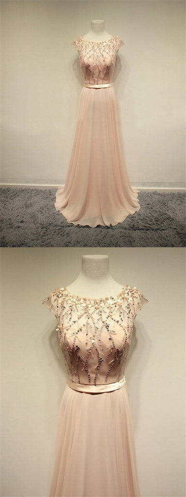 Charming Blush Pink Cap Sleeves Cheap Evening Long Prom Dress, BG51014 - Bubble Gown