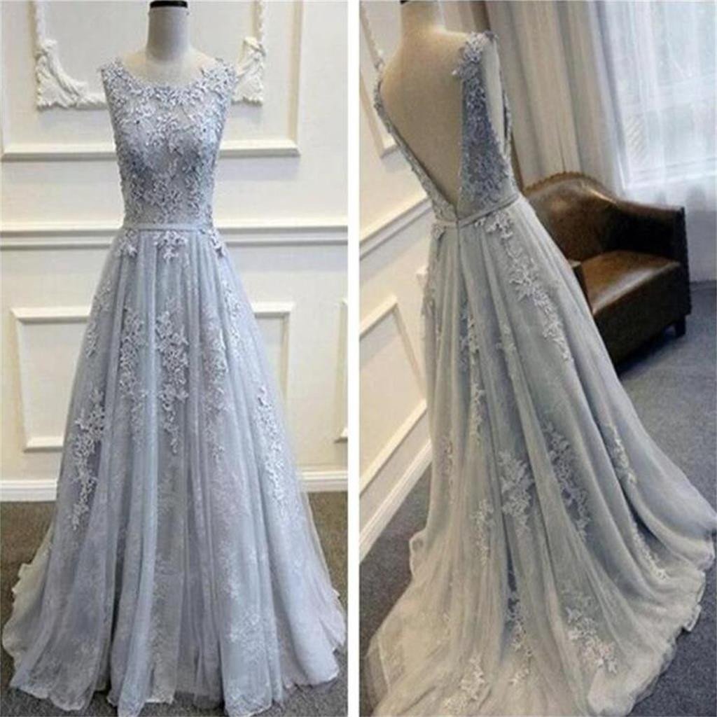 Beautiful V-Back Scoop Neck Appliques Evening Long Lace Prom Dresses, BG51205 - Bubble Gown