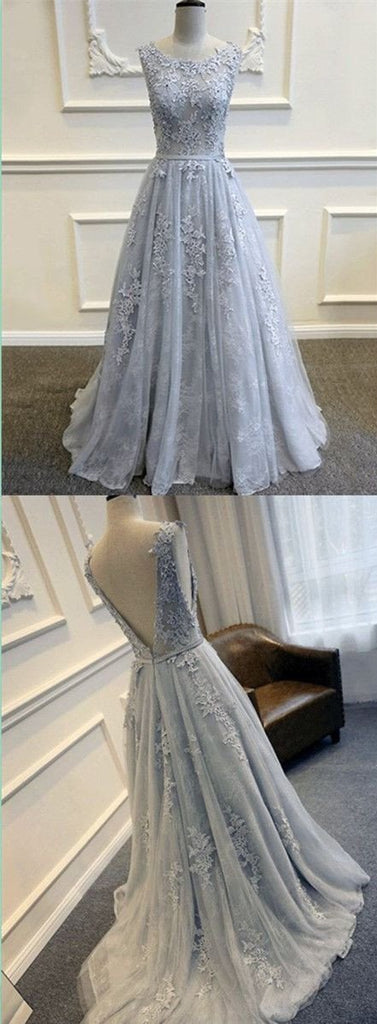 Beautiful V-Back Scoop Neck Appliques Evening Long Lace Prom Dresses, BG51205 - Bubble Gown