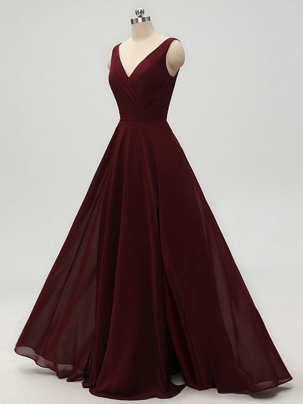 A-line V-neck Dark Red Chiffon Bridesmaid Dresses With Pleats, BD0557-1