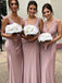Floor-length V-neck Sleeveless Dusty Pink Bridesmaid Dresses With Pleats, BD0569