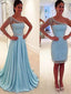 2 Pieces Blue See Through One Shoulder Long Sleeve Long Prom Dresses, BG51038