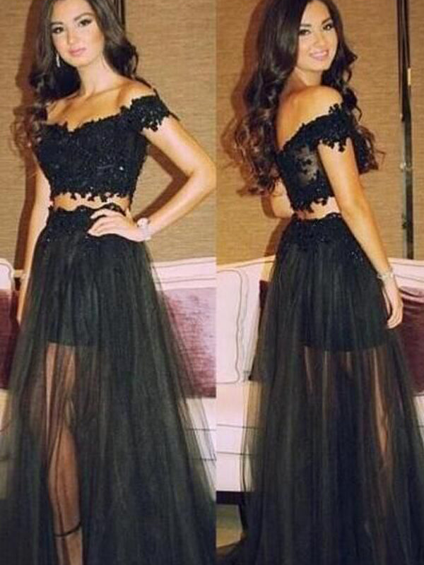 2 Pieces Black Lace Off Shoulder Long Evening Prom Dresses, BG51146