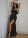 Black Satin Spaghetti Straps Long Evening Prom Dresses, Custom Mermaid Side Slit Prom Dress, BGS0006