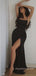 Black Satin Spaghetti Straps Long Evening Prom Dresses, Custom Mermaid Side Slit Prom Dress, BGS0006