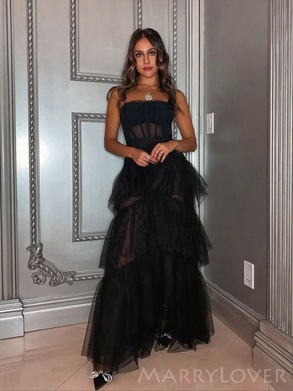 See Throuth Black Tulle Spaghetti Straps A-line Long Evening Prom Dresses, Custom prom Dress, BGS0011