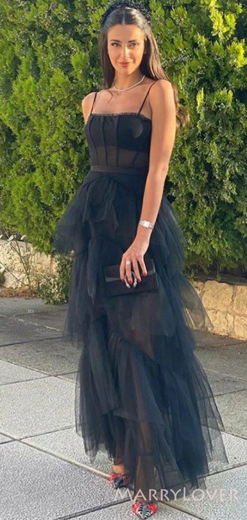 See Throuth Black Tulle Spaghetti Straps A-line Long Evening Prom Dresses, Custom prom Dress, BGS0011