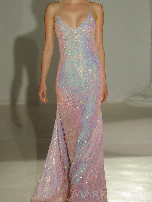 Spaghetti Straps V-neck Sequins Long Evening Prom Dresses, Custom prom Dress, BGS0027