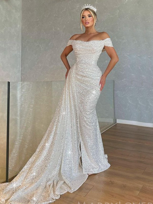 Off Shoulder White Sequins Mermaid Long Evening Prom Dresses, Custom High Slit Prom Dress, BGS0039