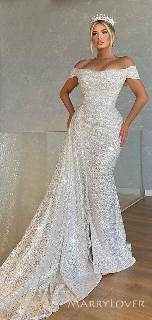 Off Shoulder White Sequins Mermaid Long Evening Prom Dresses, Custom High Slit Prom Dress, BGS0039