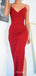 Simple Mermaid Red Sparkly Spaghetti Straps Long Evening Prom Dresses, Custom V-neck Prom Dress, BGS0051