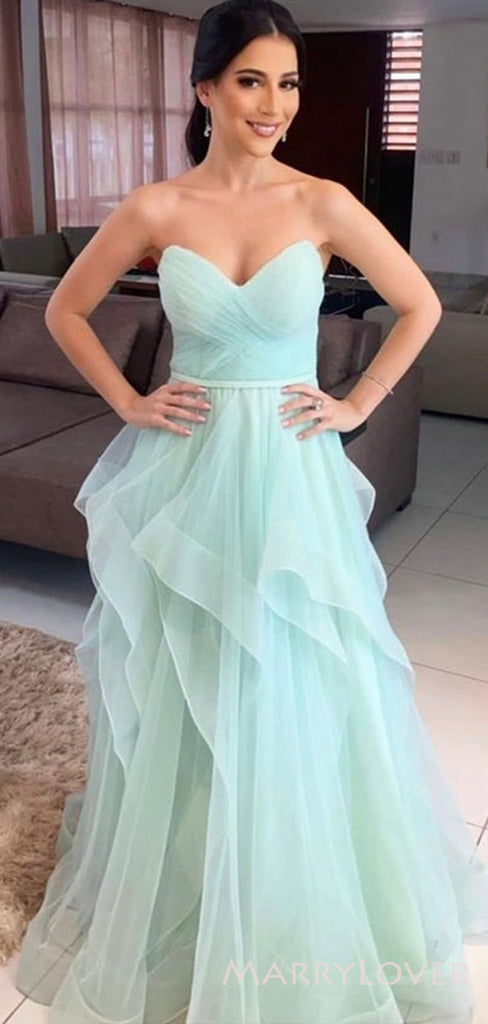 A-line Mint Green Tulle Strapless Long Evening Prom Dresses, Custom Prom Dress, BGS0088