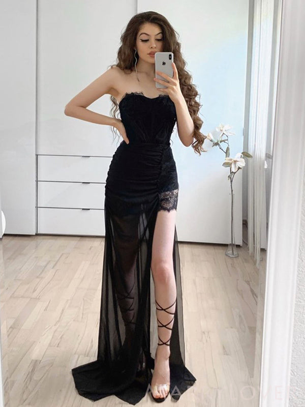 Mermaid Black Strapless Long Evening Prom Dresses, Custom High Slit Prom Dress, BGS0096