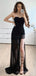 Mermaid Black Strapless Long Evening Prom Dresses, Custom High Slit Prom Dress, BGS0096