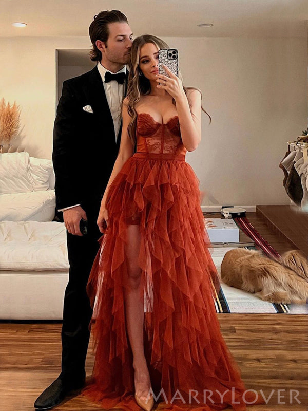 A-line Rust Tulle Strapless Long Evening Prom Dresses, Custom High Slit Prom Dress, BGS0106