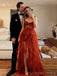 A-line Rust Tulle Strapless Long Evening Prom Dresses, Custom High Slit Prom Dress, BGS0106