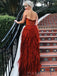 A-line Rust Tulle Strapless Long Evening Prom Dresses, Custom High Slit Prom Dress, BGS0106