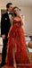 A-line Rust Tulle Strapless Long Evening Prom Dresses, Custom High Slit Prom Dress, BGS0106