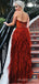 A-line Rust Tulle Strapless Long Evening Prom Dresses, Custom High Slit Prom Dress, BGS0106