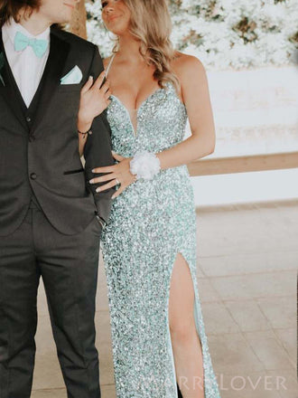 Elegant Sequins Spaghetti Straps Long Evening Prom Dresses, Custom Backless Prom Dress, BGS0177