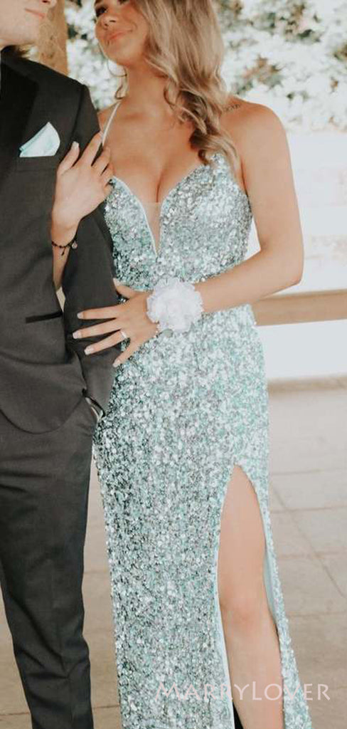 Elegant Sequins Spaghetti Straps Long Evening Prom Dresses, Custom Backless Prom Dress, BGS0177