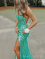 Simple Green Sequins Spaghetti Straps Long Evening Prom Dresses, Custom Side Slit Prom Dress, BGS0197