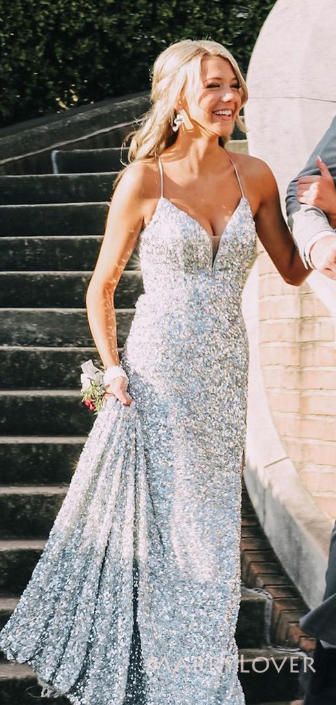 Formal Silver Sequins V-neck Spaghetti Straps Long Evening Prom Dresses, Custom Prom Dress, BGS0200