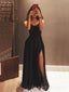 A-line Black Satin Side Slit Long Evening Prom Dresses, Custom Prom Dress, BGS0204