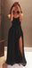 A-line Black Satin Side Slit Long Evening Prom Dresses, Custom Prom Dress, BGS0204