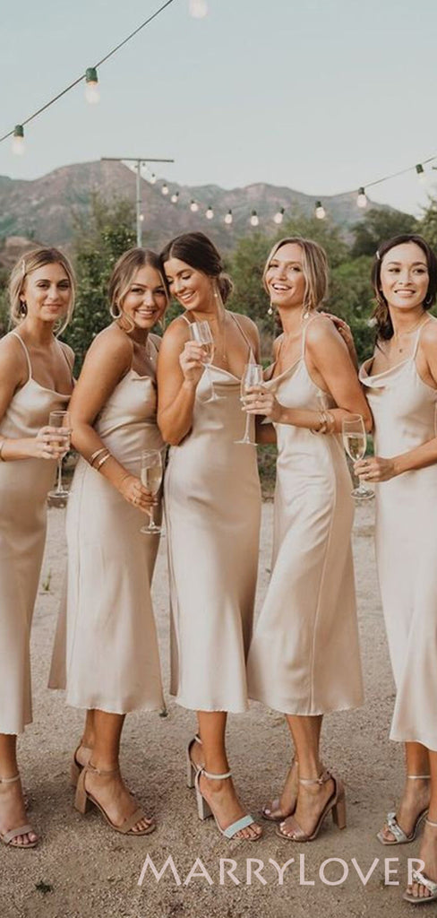 Spaghetti Straps Cowl Neck Tea-Length Champagne Long Bridesmaid Dresses for Wedding Party, BN1001