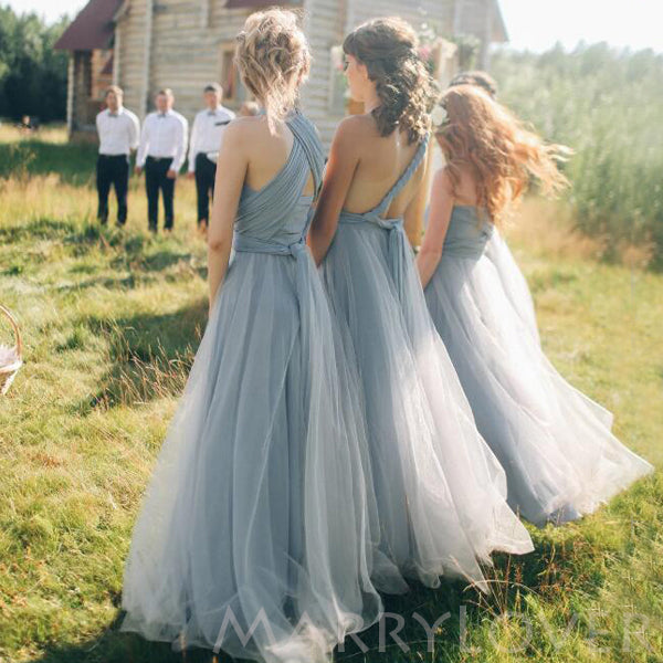 Grey Bridesmaid dress with tulle skirt Long convertible Bridesmaid Dresses , BN1003