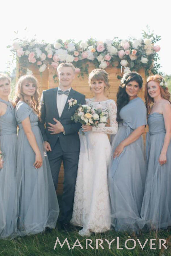 Grey Bridesmaid dress with tulle skirt Long convertible Bridesmaid Dresses , BN1003