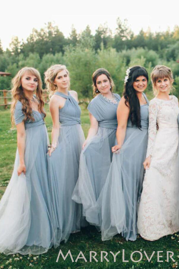 Grey Bridesmaid dress with tulle skirt Long convertible Bridesmaid Dresses , BN1003