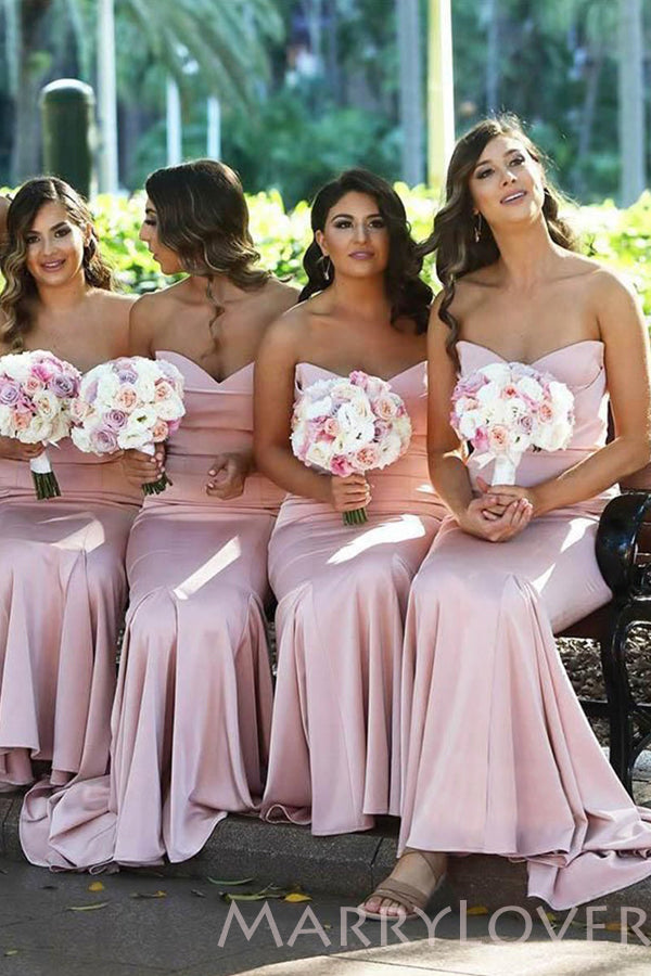 Sweetheart Pink Satin Mermaid Long Mermaid Bridesmaid Dresses , BN1014