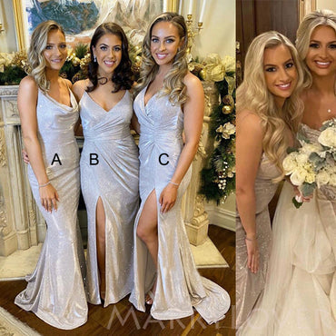 Spaghetti Straps Silver Sparkly Mermaid Long Mermaid Bridesmaid Dresses , BN1015