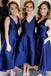Navy Blue Satin V-neck Short  Bridesmaid Dresses , BN1019