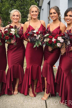 Burgundy Satin Sexy V-neck Spaghetti Straps Mermaid Lace Long Bridesmaid Dresses , BN1021