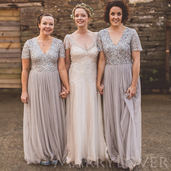 Column Short Sleeves Grey Tulle Long Bridesmaid Dresses , BN1025