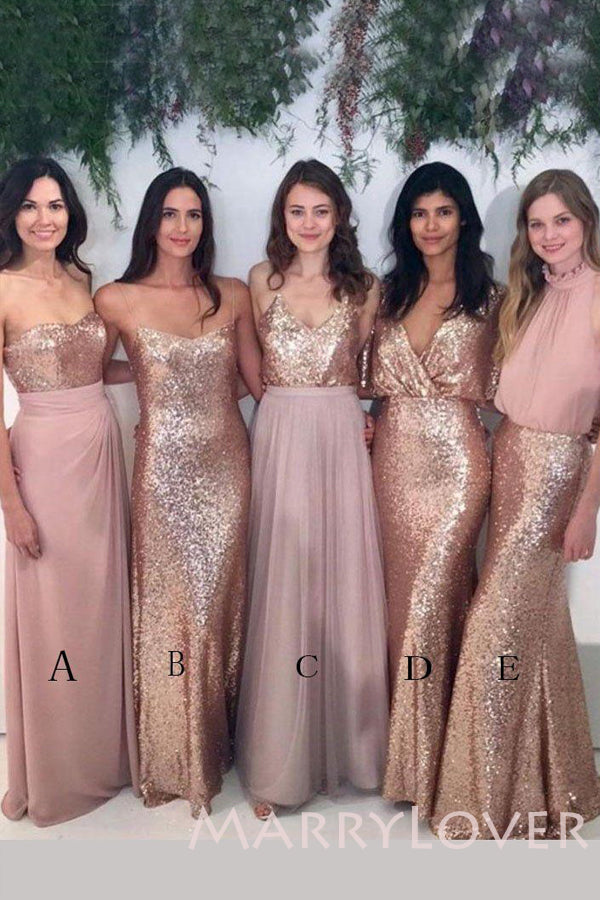 Gold Sequin Mermaid Long Bridesmaid Dresses , BN1029